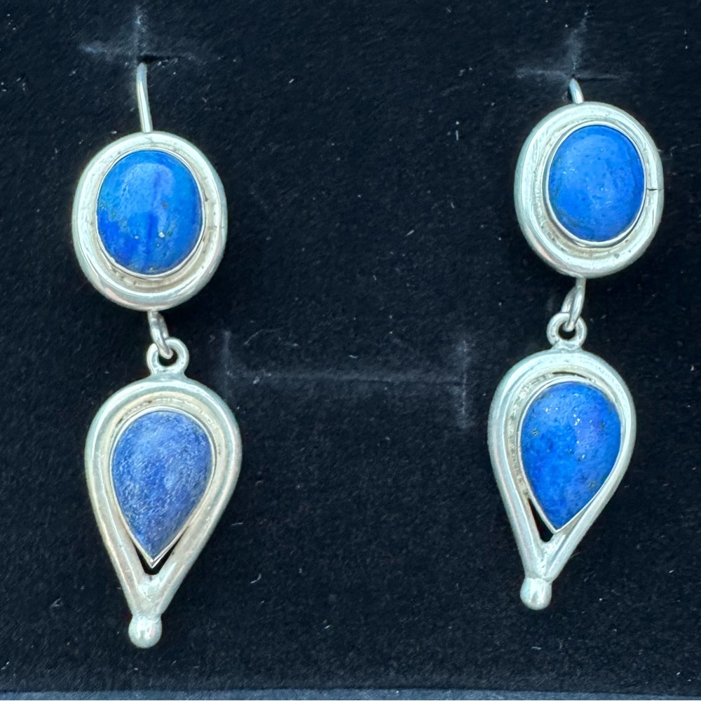 Vintage lapis lazuli Stone Drop Earrings Silver 925 Stamped